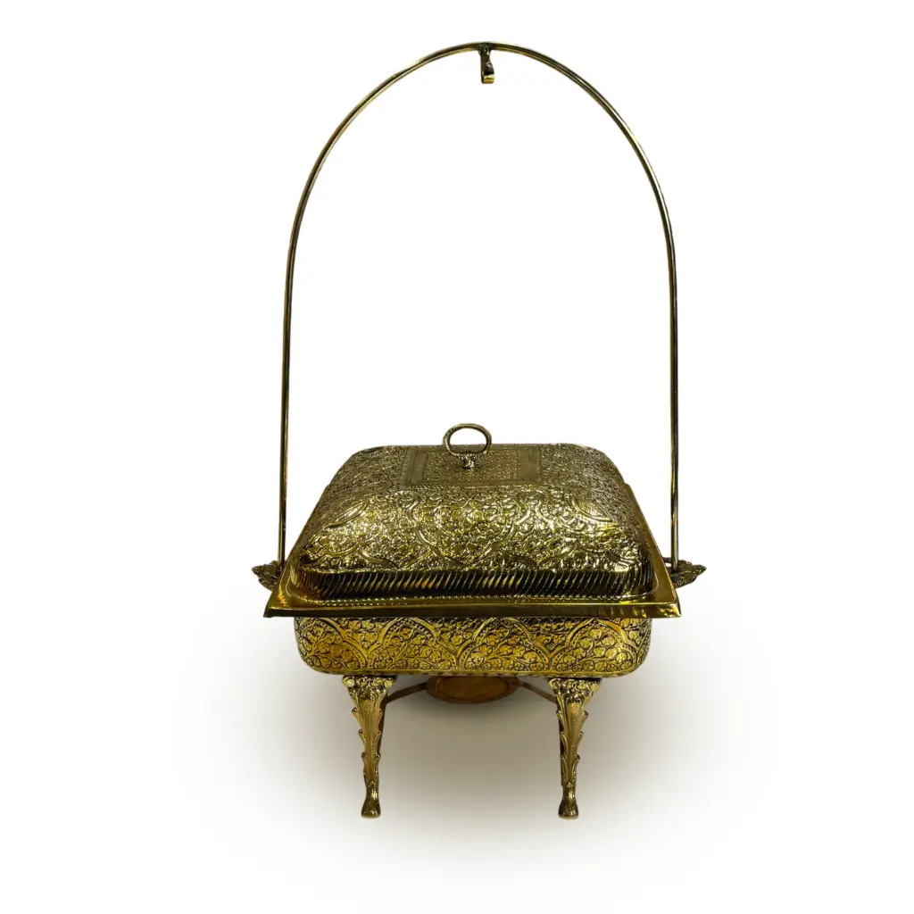 Brass Square Dish 14x14 Handcrafted Engraved Brass Buffet Serving Dish with Arch Frame & Burner Stand