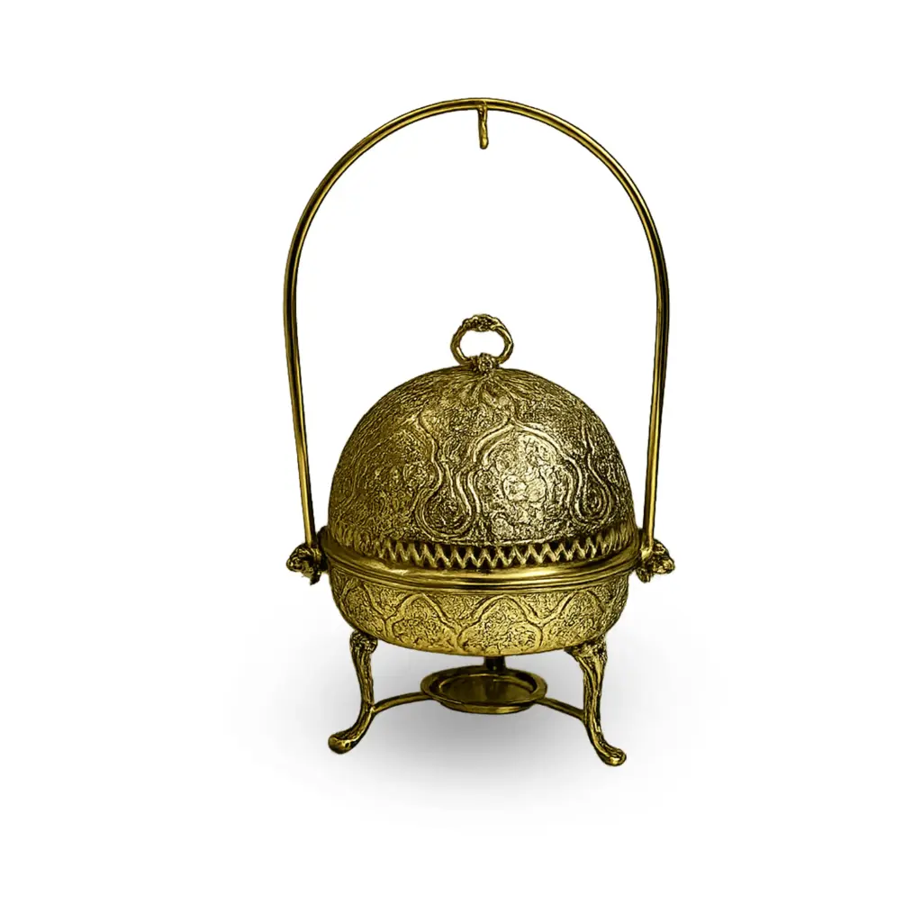 Brass Round Dish 11" Handcrafted Engraved Brass Buffet Serving Dish with Dome Cover & Arch Frame Stand