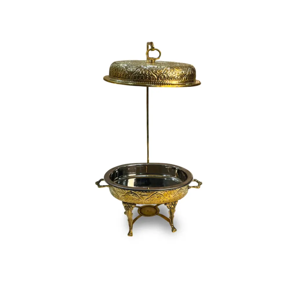  Brass Oval Dish Small  Handcrafted Engraved Brass Buffet Serving Dish with Lift Cover & Burner Stand