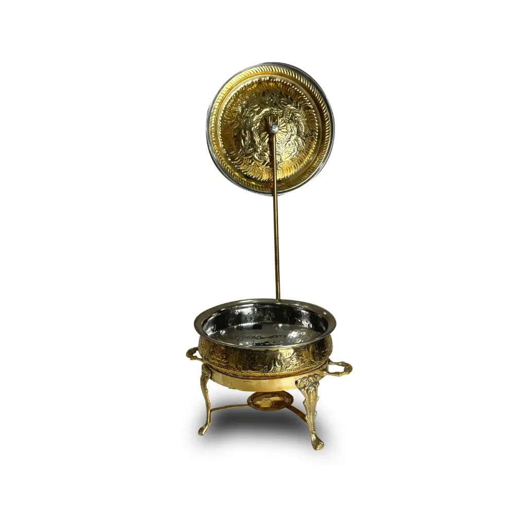  Brass Handi 10"  Handcrafted Engraved Brass Buffet Handi with Lift Cover & Burner Stand