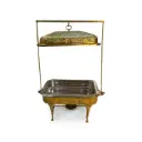 Brass Rect Dish Large Handcrafted Engraved Brass Rectangular Buffet Serving Dish with Frame Stand & Burner