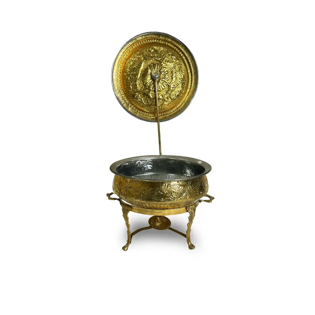 [G-Handi-14"] Brass Handi 14"  Handcrafted Engraved Brass Buffet Handi with Lift Cover & Burner Stand