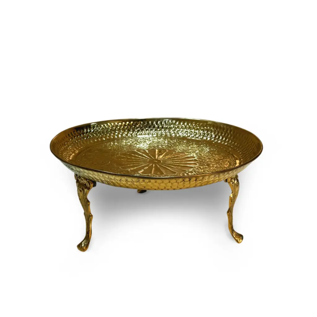 [THALL-12"]  Brass Thal 12"  Handcrafted Pure Brass Hammered Serving Thal with Decorative Stand