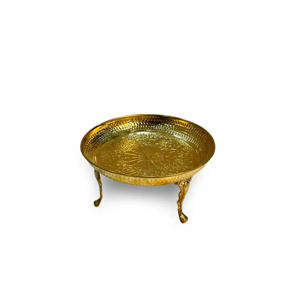 [THALL-10"] Brass Thal 10" Handcrafted Pure Brass Hammered Serving Thal with Decorative Stand 